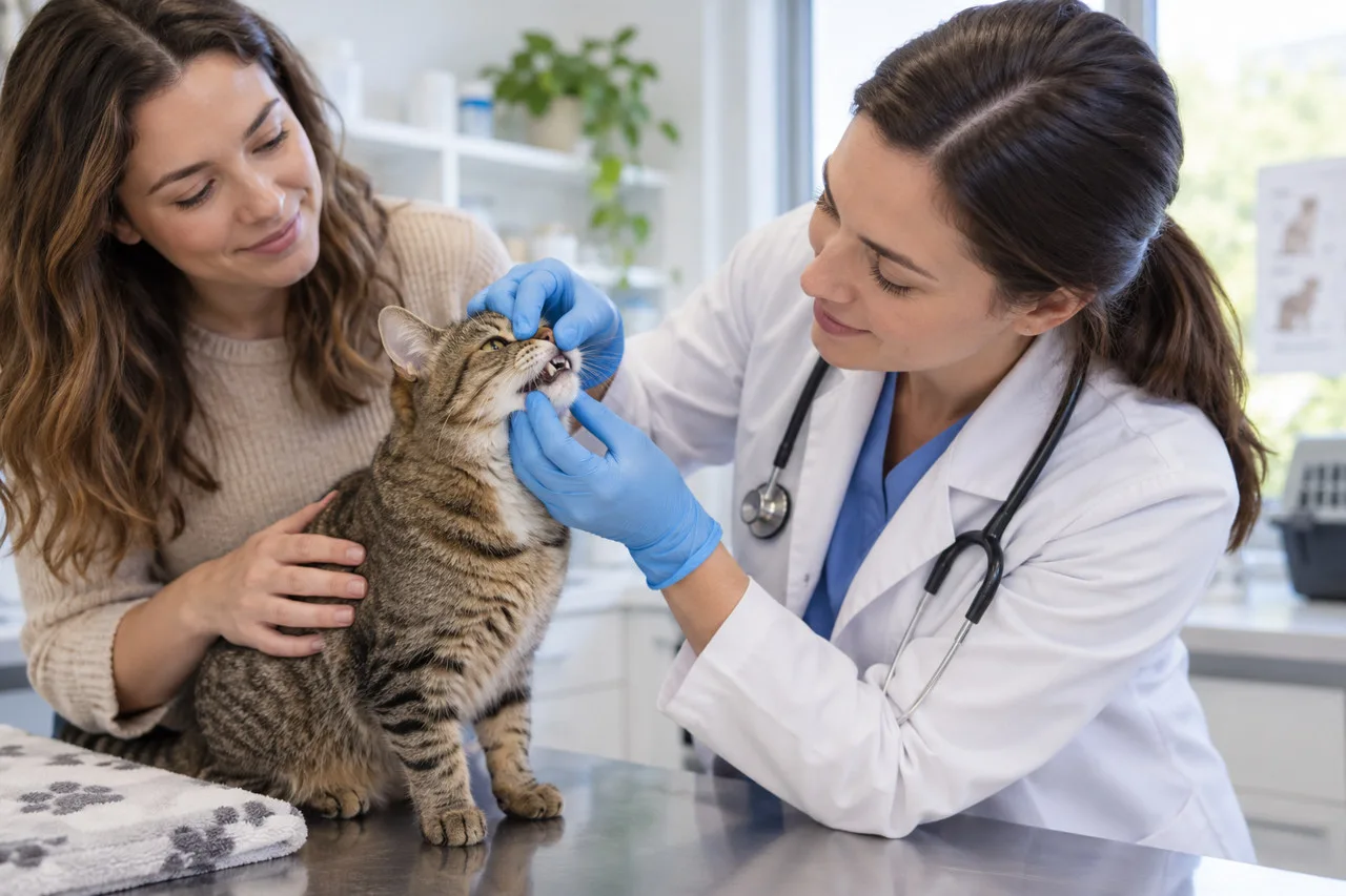 Veterinarian looking inside a tabby cat’s mouth with its owner nearby