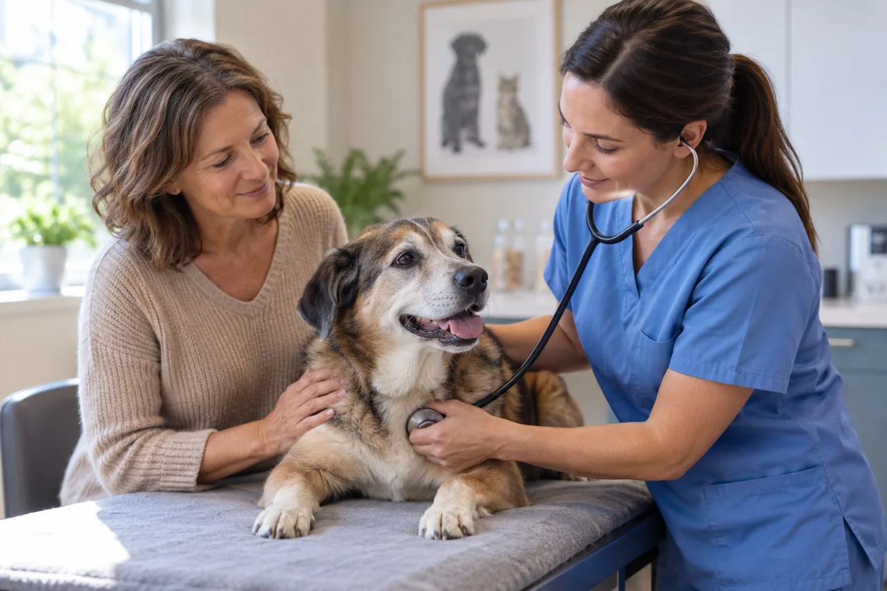 Veterinarian examining a gray-muzzled dog with its owner beside the table